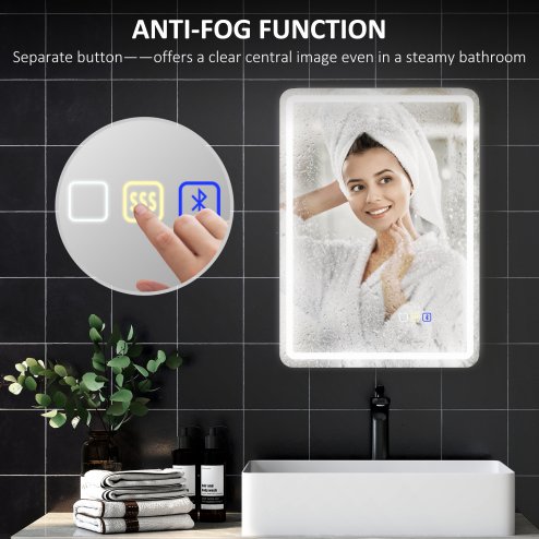 HOMCOM Bluetooth Bathroom Mirror with LED Lights, Illuminated Backlit Wall Mounted Vanity Mirror with 3 Colours Dimmable, Clock, Anti-Fog, Memory & Touch Switch, IP44