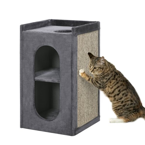 PawHut 2 Layer Cat House, Cat Beds for Indoor Cats with Scratching Pad, 81cmH, Grey