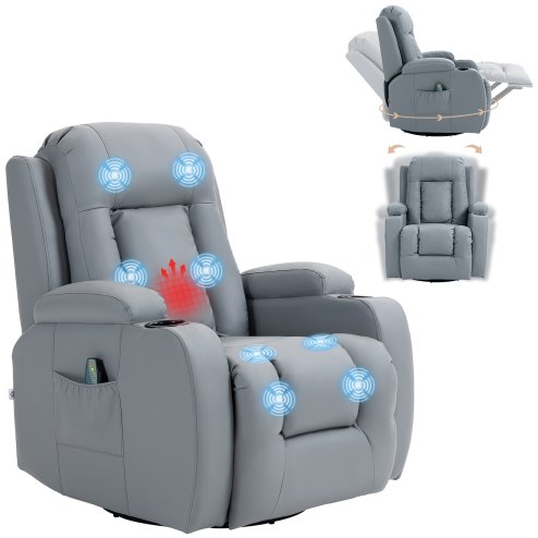 HOMCOM Massage Recliner Chair with 8 Vibration & Heat, PU Leather Recliner Armchair with Cup Holders and Side Pockets, Manual Reclining Chair with Remote, 360° Swivel, Rocking, Light Grey