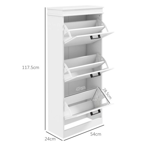 HOMCOM 3 Drawers Entryway Shoe Cabinet, Narrow Shoe Storage Cabinet with 3 Flip Drawers and Adjustable Shelves for 15 Pairs of Shoes, White