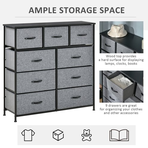 HOMCOM 9 Drawers Storage Chest Dresser Organizer Unit w/ Steel Frame, Wood Top, Easy Pull Fabric Bins, for Bedroom, Hallway, Entryway, Black & Grey