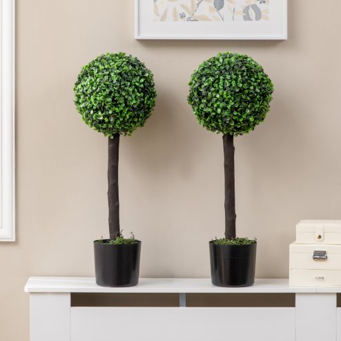 HOMCOM Set of 2 Decorative Artificial Plants Boxwood Ball Trees in Pot Fake Plants for Home Indoor Outdoor Decor, 60cm