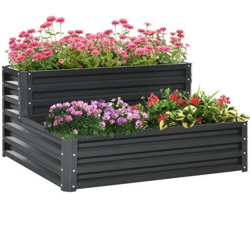 Outsunny 2 Tier Galvanised Raised Garden Bed, Outdoor Steel Planter Box with Open Bottom for Vegetables, Flowers and Herbs, 120 x 101 x 58 cm, Dark Grey