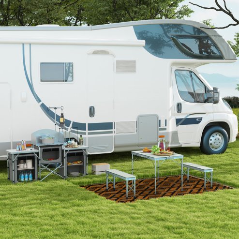 Outsunny Foldable Camping Picnic Table and Chairs, Lightweight Aluminium Garden Table Set with 2 Benches for Camping, Garden, Party, BBQ, Silver