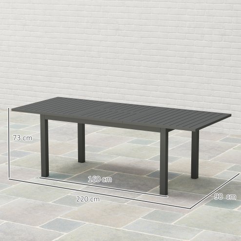 Outsunny Extending Garden Table, Full Aluminium Outdoor Dining Table with Slatted Top, for Patio, Balcony, 160/220 x 90 x 73 cm, Grey