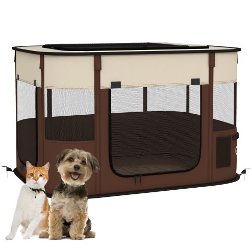 PawHut Dog Pen, Pet Playpen, Portable Foldable Dog Cat Playpen Soft Pet Cage with Storage Bag for Puppies, Rabbits, Kittens, Guinea Pigs, 84 x 64 x 53cm - Brown