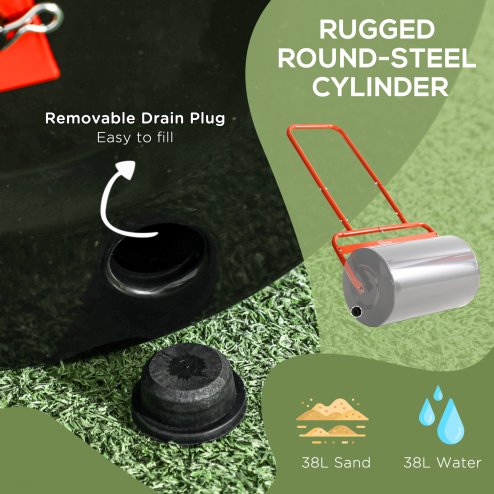 Outsunny Combination Push/Tow Lawn Roller Filled with 38L Sand (62kg) or Water, Great for the Garden 32 x 50cm Roller, Red