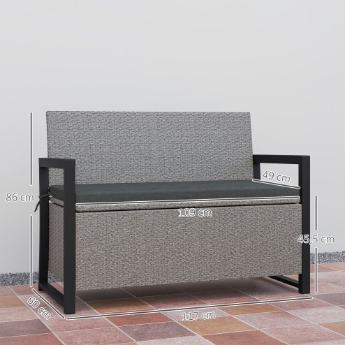 Outsunny Garden Storage Bench with 151.5L Capacity, Inner Bag, 2 Seater PE Rattan Outdoor Garden Bench with Storage, Cushion, Wicker Outdoor Bench Loveseat for Patio, Grey