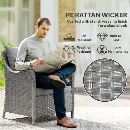 Outsunny Rattan Garden Chairs Set of 2, Outdoor Rattan Chairs with Cushions, Armrests and High Back, PE Wicker Garden Armchair with Steel Frame for Balcony, Porch, Dark Grey