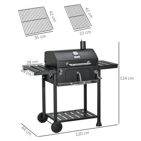 Outsunny Charcoal Barbecue Grill Trolley with Adjustable Charcoal Pan, Galvanised Steel Smoker BBQ Grill with Storage Shelves, Lid, Themometer, Bottle Opener and Wheels, Black