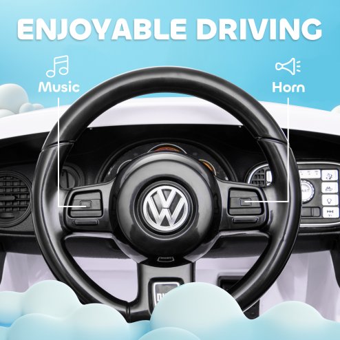 AIYAPLAY Volkswagen Beetle Licensed Ride on Car, 12V Kids Electric Car with Remote Control, 4 Spring Suspension Wheels, Soft Start, Headlights, FM Radio, Music, Horn, White