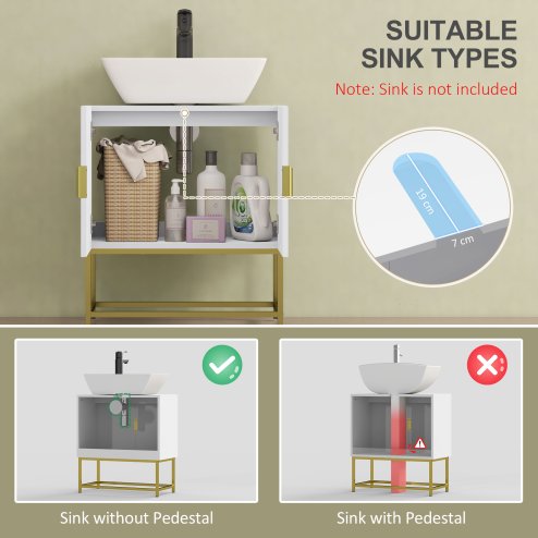 kleankin Modern Bathroom Sink Cabinet, Freestanding Under Sink Storage Cabinet, Space Saving Wooden Basin Cupboard with 2 Doors and Gold Steel Legs, 60 x 30 x 65 cm, White