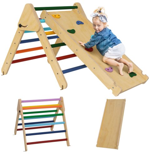 AIYAPLAY Toddler Climbing Frame, 3 in 1 Pikler Triangle Set with Ramp, Wooden Climbing Frame Indoor Baby Gym, for 18-48 Months, Multicoloured