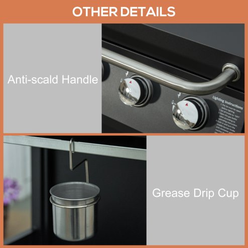 Outsunny 3 Burner Gas BBQ, Outdoor Grill, Portable Barbecue Trolley with Warming Rack, Side Shelves, Storage Cabinet, Thermometer, Carbon Steel, Black