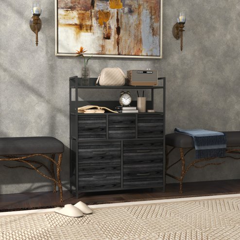 HOMCOM Bedroom Chest of Drawers, Fabric Dresser with 7 Drawers, Storage Organiser Unit with Open Shelves and Metal Frame for Living Room, Entryway