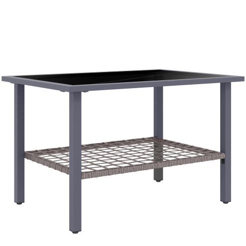 Outsunny Outdoor Rattan Coffee Table, Rectangular Tea Side Table with Tempered Glass Top, Storage Shelf, Foot Pads, Garden Furniture for Patio, Balcony, Mixed-grey