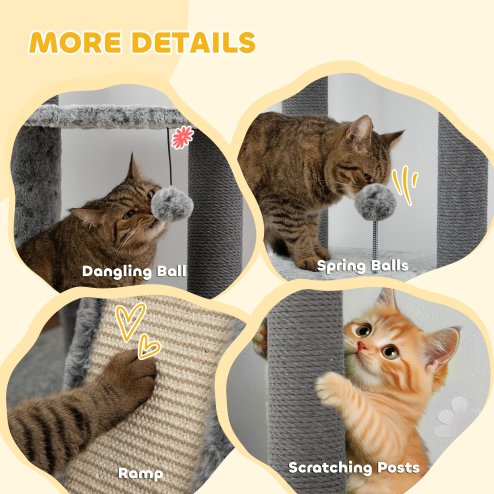 PawHut Floor to Ceiling Cat Tree, 225-255cm Height Adjustable Large Cat Tower 6 Levels Activity Centre for Indoor Cats with Cat Scratching Posts Ramp, Condo Hammock, Play Balls - Grey