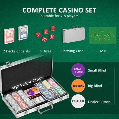 SPORTNOW 300-Piece Poker Chips Set with Aluminium Case, Holdem Poker Set with Mat, 11.5g Numbered Poker Chips, Two Decks of Cards, Dealer, Five Dices
