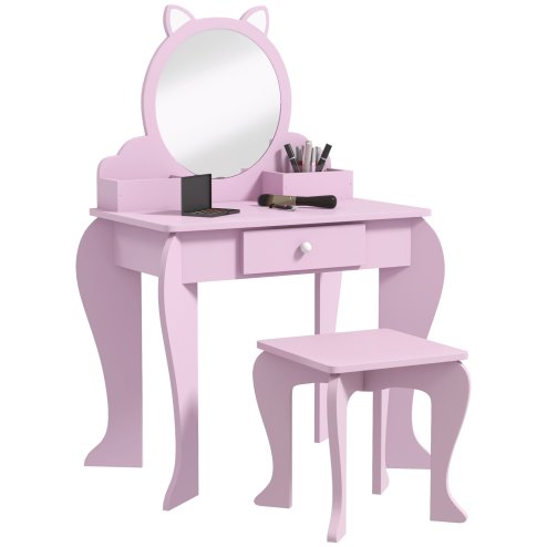 ZONEKIZ Kids Dressing Table, Kids Vanity Table, Girls Dressing Table with Mirror, Stool, Drawer, Storage Boxes, Cat Design, for Ages 3-6 Years - Pink