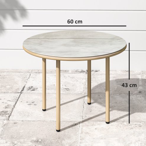 Outsunny Round Small Garden Table, 60cm Outdoor Side Table with Faux Marble Tempered Glass Top, Steel Frame for Garden Patio Balcony, Beige