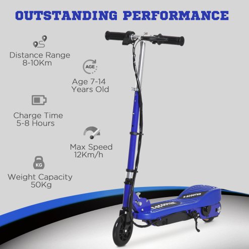 HOMCOM Electric Scooter for Kids, 120W Foldable E Scooter for Age 7-14 with Adjustable Height, Rear Brakes, Up to 12 KM/H, Maximum Range 10 KM, Blue