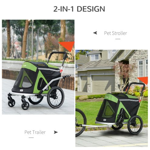 PawHut Dog Bike Trailer Dog Stroller 2 in 1 Foldable with Aluminium Frame, Quick-Release Wheels, Safety Leash, Anti-Slip Mat, Hitch Coupler, Reflectors, Flag, for Medium Dogs - Green