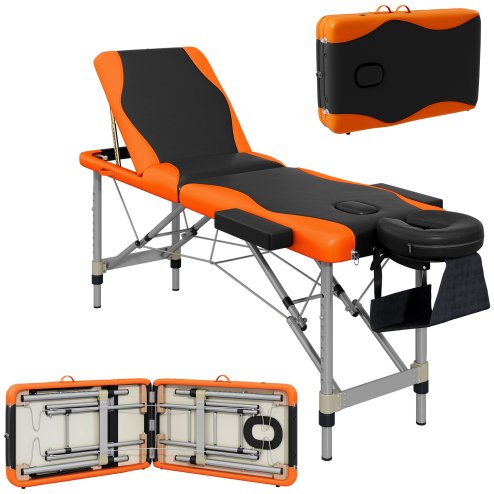 HOMCOM Foldable Massage Bed Portable Table, 3-Section Aluminium Foldable Beauty Couch, Professional Salon Spa Table with Headrest Support and Carry Bag, 60 cm Width, Black and Orange