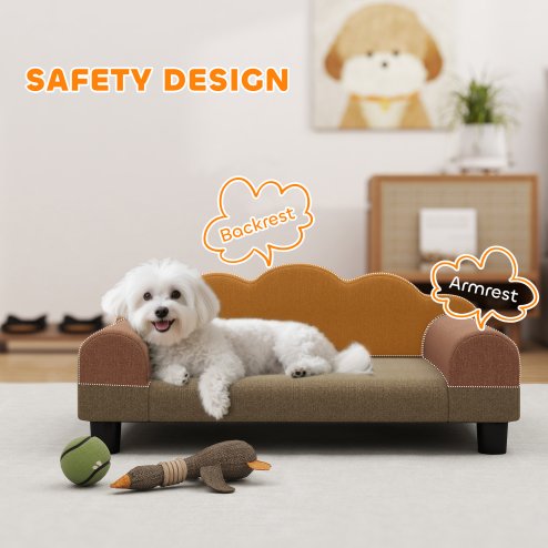 PawHut Dog Sofa Bed, Elevated Cat Sofa with Backrest and Armrest, Breathable Pet Lounge for Indoor Small Dogs, Brown