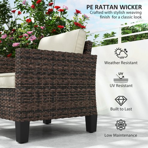 Outsunny Single Seater Rattan Garden Armchair, PE Wicker Rattan Chair with Armrests and Cushions, Garden Chair with Galvanised Steel Frame for Conservatory, Porch, Brown
