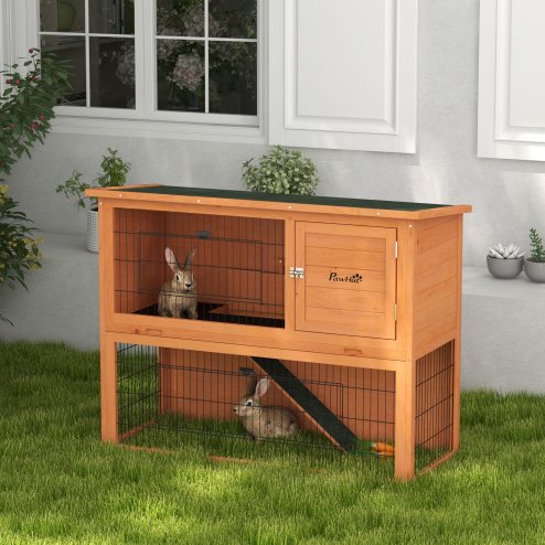 PawHut Rabbit Hutch Guinea Pig Hutch Wooden with No-Leak Tray, Asphalt Roof, Antiseptic Wood Outdoor for 1-2 Rabbits 120 x 50 x 92cm - Orange
