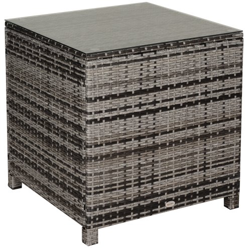 Outsunny Patio PE Rattan Side Table, Square Outdoor Coffee Table w/ Tempered Glass Top, Mixed Grey