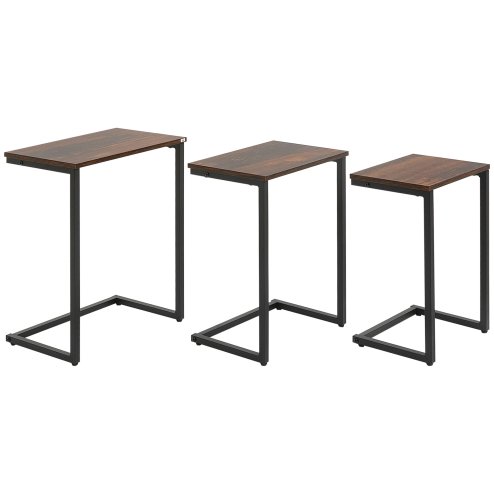 HOMCOM Nesting Side Tables Set of 3, C-Shaped Sofa Side Tables with Steel Frame for Sofa Couch and Bed, Rustic Brown