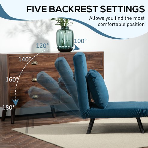 HOMCOM Single Chair Bed, Click Clack Convertible Bed Settee, Modern Velvet Feel Fabric Chair Couch with 1 Tufted Cushion, Wood Armrests, for Living Room, Bedroom, Guest Room