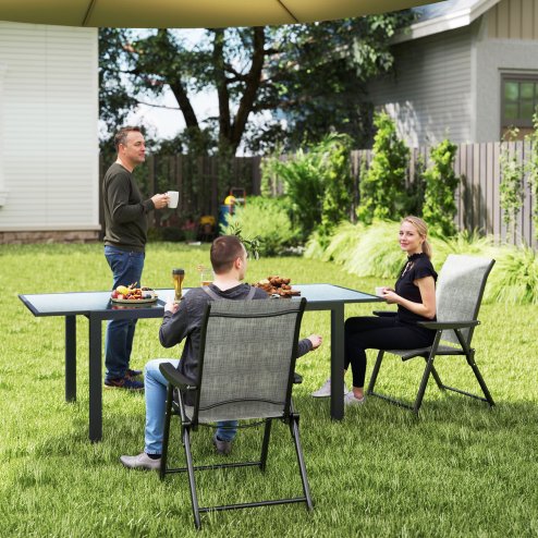 Outsunny Set of 2 Folding Chair, Garden Chair Set with Breathable Mesh Back and Seat, Outdoor Camping Chairs with Armrests, Steel Frame for Deck Balcony, Black and Grey