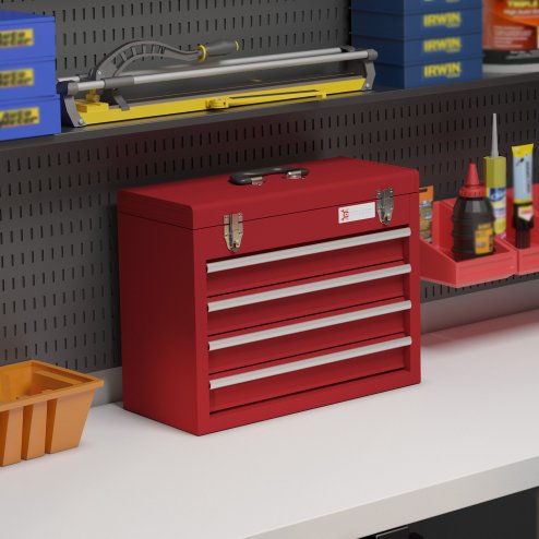 DURHAND 4 Drawer Tool Chest, Lockable Metal Tool Box with Ball Bearing Runners, Portable Toolbox, 510mm x 220mm x 395mm, Red