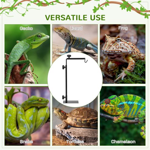 PawHut Reptile Lamp Stand, Adjustable Height and Width Heat Lamp for Reptile Amphibian Terrariums, Light Stand with Hook Hanging Steel Base - Black