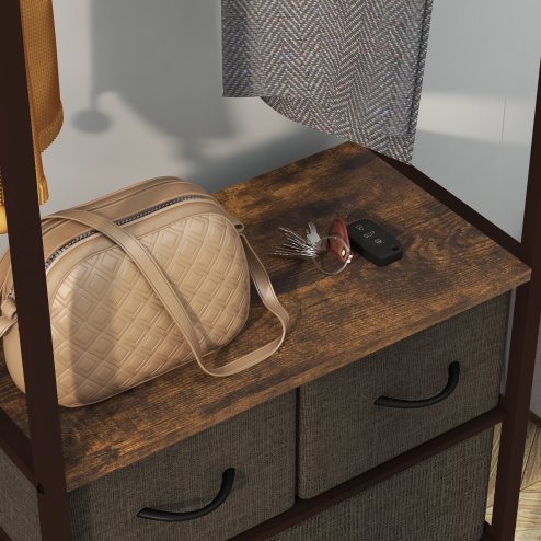 HOMCOM Free Standing Clothes Rail with 3 Fabric Drawers and Storage Shelves, Garment Rack, Hanging Rail for Hallway, Bedroom and Living Room, Rustic Brown