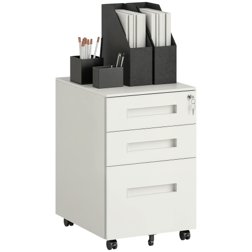 Vinsetto Metal Mobile File Cabinet with Wheels, Lockable 3 Drawer Filing Cabinet for A4, Legal, Letter, Under Desk Storage Unit with Pre-Assembled Body for Home Office, 39 x 48 x 60cm, White