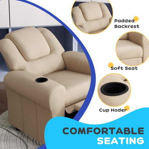 HOMCOM Kids Recliner, PU Leather Kids Armchair, Child Chair, Toddler Armchair with Adjustable Backrest, Footrest, Padded Headrest, Cup Holder, Beige