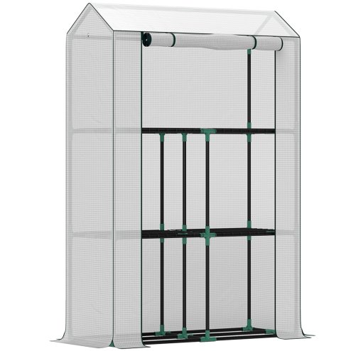 Outsunny 3 Tier Mini Greenhouse with Reinforced PE Cover, Portable Small Greenhouse with Roll-Up Door, 100 x 40 x 150cm, White