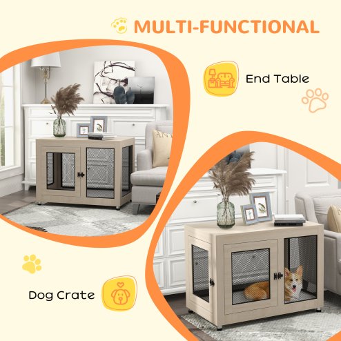 PawHut Dog Crate Furniture End Table w/ Soft Washable Cushion, Two Doors, Indoor Pet Kennel for Small Medium Large Dogs w/ Wire Mesh, Oak