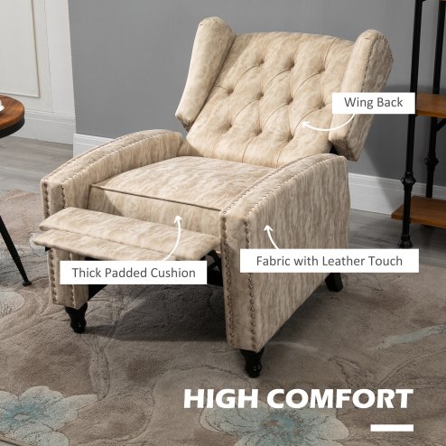 HOMCOM Manual Reclining Armchair with Footrest, Marble Effect Vintage Recliner Chair with Nail Head Trim, Button Tufted Wing Back and Wood Legs, Beige