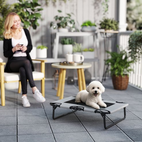 PawHut Raised Dog Bed, Portable Elevated Pet Cot with Breathable Mesh for Indoor Outdoor, for Small Medium Dogs, 75 x 51 x 18 cm, Light Grey