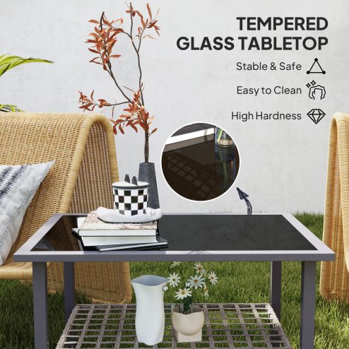 Outsunny Outdoor Rattan Coffee Table, Rectangular Tea Side Table with Tempered Glass Top, Storage Shelf, Foot Pads, Garden Furniture for Patio, Balcony, Mixed-grey