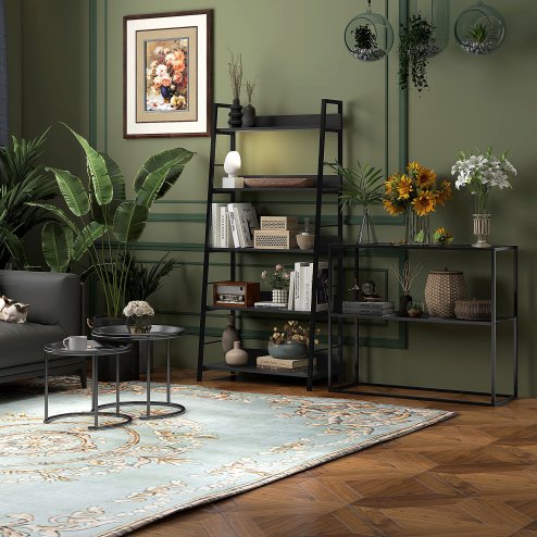 HOMCOM Nesting Tables Set of 2, Side End Table with Removable Tabletop Tray and Steel Frame for Living Room, Bedroom, Black