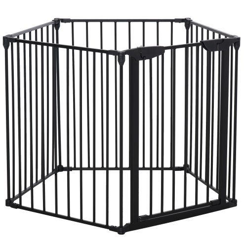PawHut Pet Safety Gate, 5 Panels Playpen Fireplace, Metal Fence, Stair Barrier, Room Divider w/ Walk-Through Door - Black