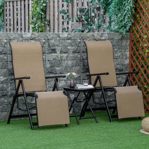 Outdoor Reclining Garden Chair Set of 2, 10-Position Adjustable Folding Sun Lounger Zero Gravity Chairs with Texteline Seat, Armrests and Footrest for Patio, Beige