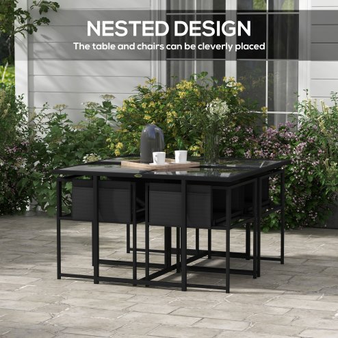 Outsunny 5 Piece Garden Dining Set, 4 Seater Outdoor Table and Chairs with Texteline Seat, Space Saving Cube Set with Foldable Backrest, Tempered Glass Table Top, for Patio, Black