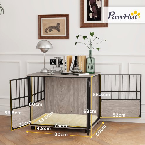 PawHut Dog Crate Furniture, Dog Cage End Table Indoor with 3 Doors, Furniture Style Dog Crate with Soft Washable Cushion, for Medium Dogs, 80L x 60W x 68Hcm