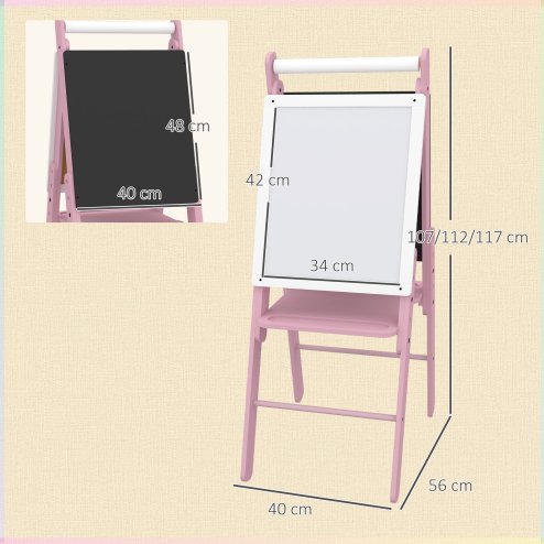 AIYAPLAY Kids Easel with Paper Roll 3 in 1 Art Easel for Toddlers Height Adjustable Double-Sided Kids Whiteboard Blackboard for Ages 3-6 Years - Pink